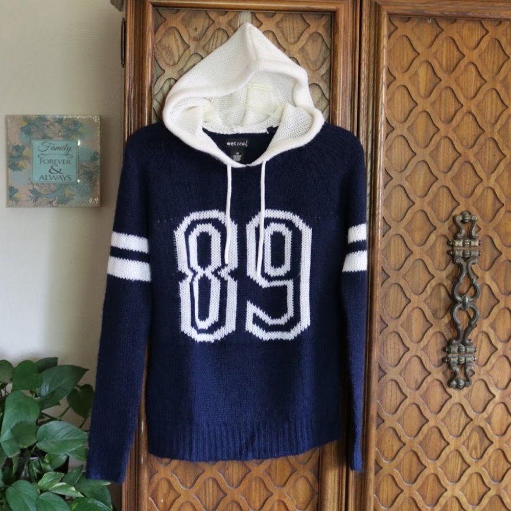 Wet Seal ‘89’ Knit Varsity Hoodie Pullover Sweater
